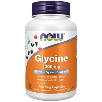 frasco de suplemento NOW Glycine 1000 mg com rótulo laranja e branco