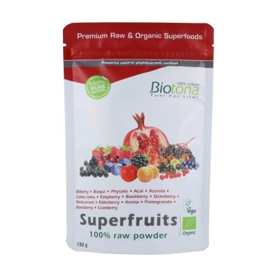 Pacote de pó cru orgânico Superfruits Biotona com imagens de frutas vermelhas