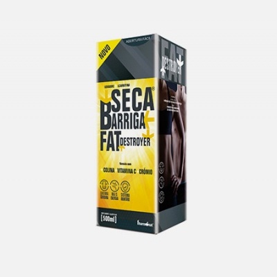 Embalagem retangular amarela, cinzenta e preta com texto SECA BARRIGA FAT DESTROYER e ingredientes destacadas.