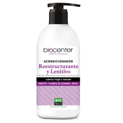 Frasco branco com doseador preto de acondicionador Biocenter de 500 ml, etiquetas em roxo e preto