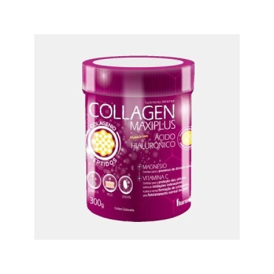 Frasco roxo do suplemento alimentar Collagen Maxiplus com ácido hialurónico