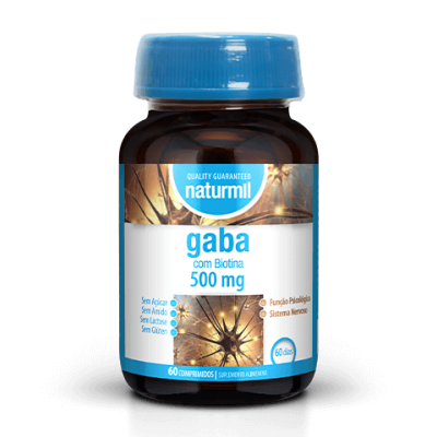 Frasco de suplemento alimentar Naturmil gaba 500 mg com biotina