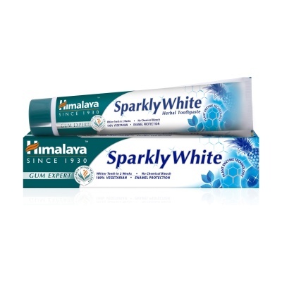 Pasta de dentes Himalaya Sparkly White Herbal com caixa azul e branca