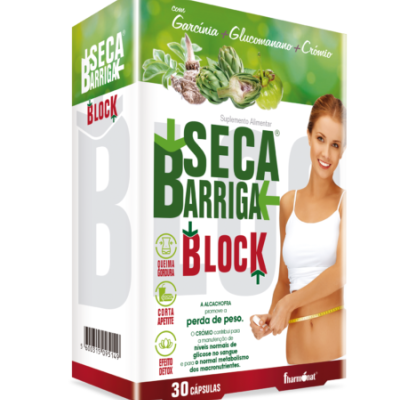 Embalagem de suplemento alimentar SECA BARRIGA BLOCK com imagens de plantas e mulher a medir a cintura