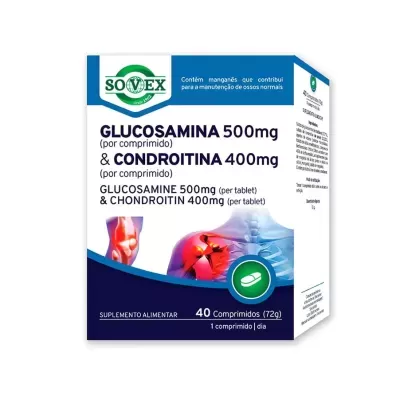 Embalagem branca e azul de suplemento Sovex com glucosamina e condroitina