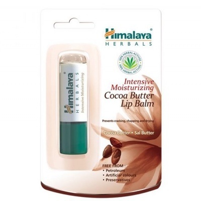 Bálsamo labial Himalaya Herbals Intensive Moisturizing Cocoa Butter em embalagem plástica branca com tampa verde