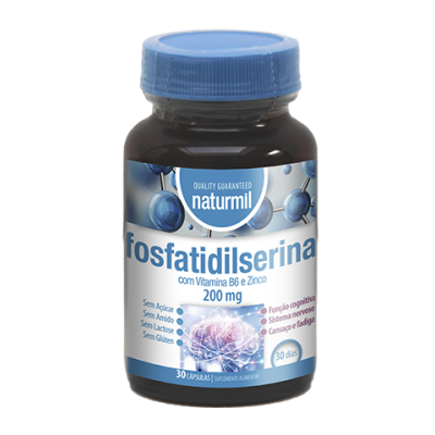 Frasco de suplemento fosfatidilserina 200 mg naturmil com rótulo azul e branco