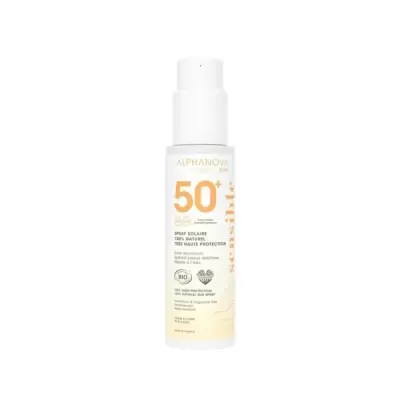Frasco branco de spray solar ALPHANOVA SPF 50+ com texto em laranja e preto