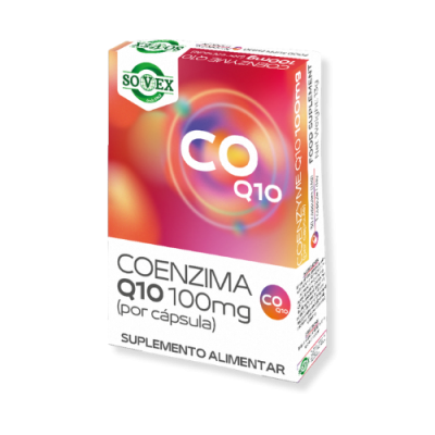 Caixa de suplemento alimentar Coenzima Q10 100mg da Sovex em fundo branco