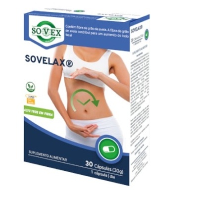 Embalagem de suplemento alimentar SOVELAX com 30 cápsulas e imagem de pessoa segurando a barriga