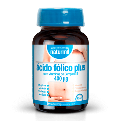 Frasco de suplemento ácido fólico plus Naturmil com tampa azul e rótulo branco e azul