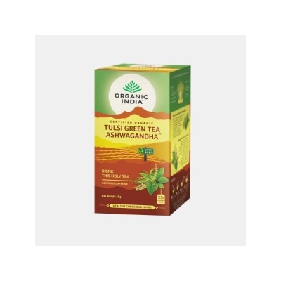 Caixa de chá verde orgânico Tulsi Green Tea Ashwagandha da Organic India