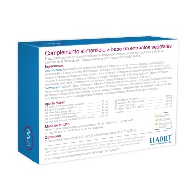 Caixa de suplemento alimentar Eladiet azul e branco com texto em espanhol