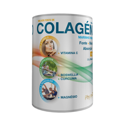 Embalagem de suplemento de colagénio marinho hidrolisado com ingredientes e imagens associadas