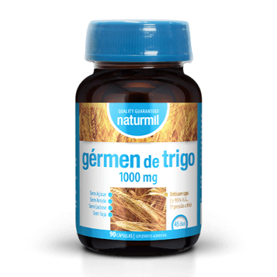 frasco de suplemento alimentar Naturmil gérmen de trigo 1000 mg com tampa azul