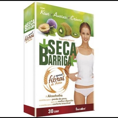 Embalagem de suplemento alimentar Seca Barriga com imagem de mulher de branco e detalhes verdes e vermelhos