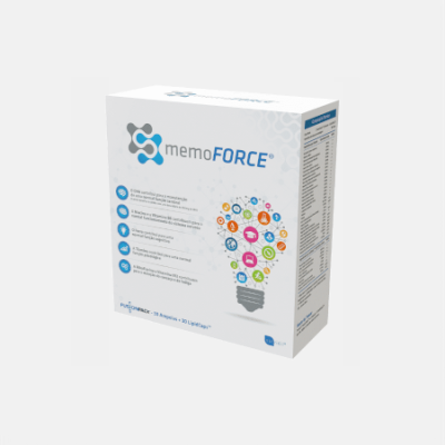 Embalagem branca do suplemento memoFORCE com ícones coloridos em formato de lâmpada