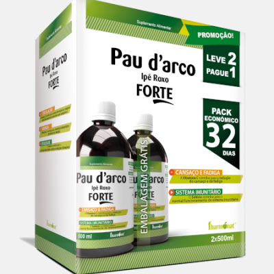 Caixa de suplemento Pau d'arco Ipê Roxo FORTE com duas garrafas e texto promocional