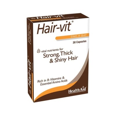 Caixa de suplemento Hair-vit para cabelos, 30 cápsulas, branco e castanho.