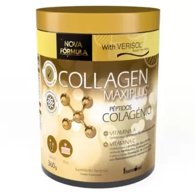 Frasco dourado de suplemento Collagen Maxiplus Péptidos Colagénio de 360g com rótulos em português
