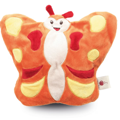 Almofada de peluche em forma de borboleta colorida com rosto sorridente