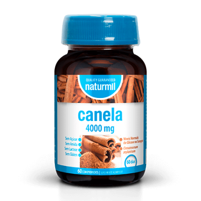 frasco de suplemento Naturmil Canela 4000 mg com tampa azul e rótulo com imagem de canela