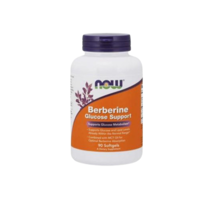 Frasco branco de suplemento NOW Berberine Glucose Support com rótulo laranja e tampa roxa