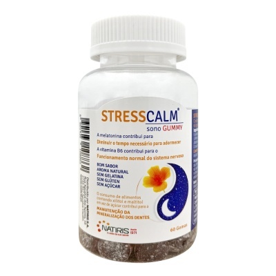 Frasco transparente de suplemento STRESSCALM sono GUMMY com tampa branca