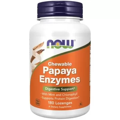 Frasco de suplementos mastigáveis Papaya Enzymes da NOW com embalagem laranja e tampa roxa.