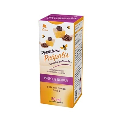 Embalagem de suplemento alimentar Premium Própolis 50ml com design amarelo, branco e roxo e imagens de própolis e abelhas