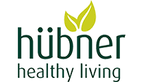 Logótipo da marca hübner healthy living com folhas verdes