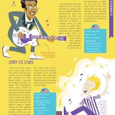 Ilustração colorida de Chuck Berry com guitarra e Jerry Lee Lewis no piano com texto biográfico