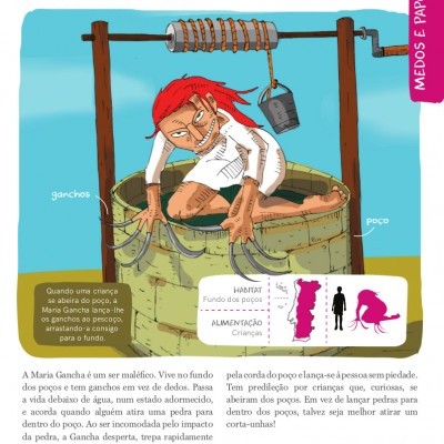 Ilustração de personagem dentro de poço com ganchos nas mãos e balde pendurado acima