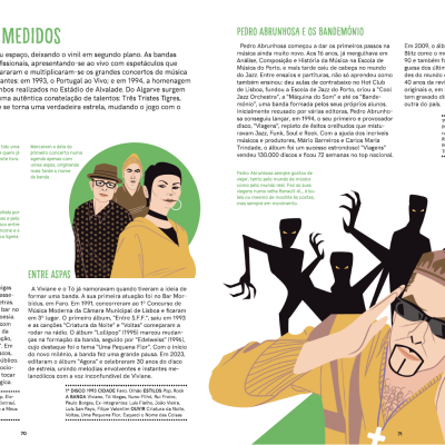 Página dupla de revista com texto sobre música dos anos 90 e ilustrações coloridas de músicos e figuras negras estilizadas.