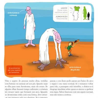 Desenho de duas mulheres altas vestidas de branco, uma curvada, menino a brincar, texto explicativo à volta.