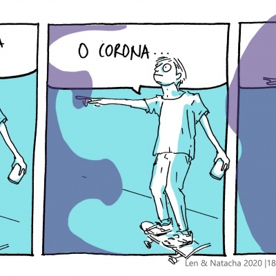 Banda desenhada em três painéis com personagem no skate e diálogo sobre corona vírus.
