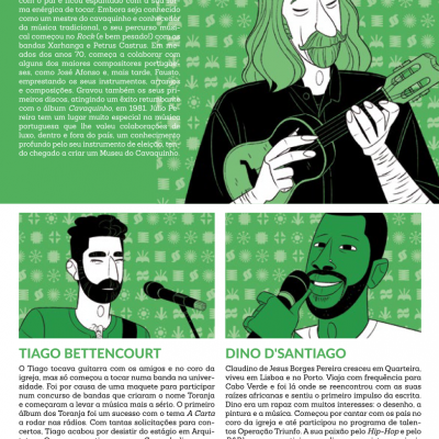 Ilustrações de três músicos a cantar e tocar instrumentos em fundo verde com texto biográfico.