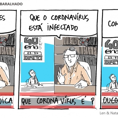 Tira de banda desenhada com três quadros e texto em português sobre coronavírus e Boris Johnson.