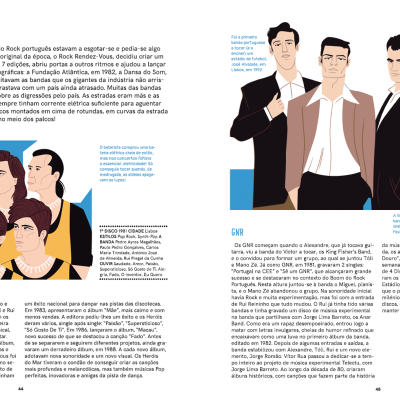 Ilustrações e texto sobre bandas portuguesas Heróis do Mar e GNR em páginas de revista ou livro