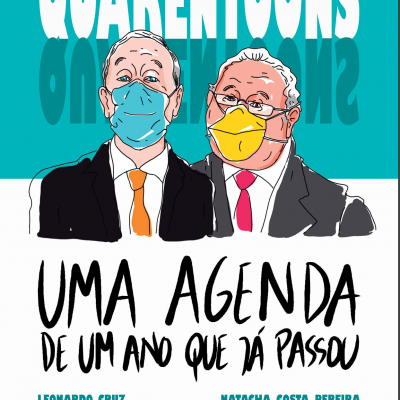 Capa de livro Quarentoons com desenhos de duas figuras usando fatos e máscaras faciais coloridas.