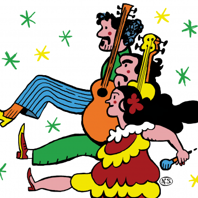 Ilustração animada de três pessoas a tocar guitarra e ukulele com roupas coloridas