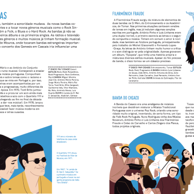 Página de livro com texto em português sobre música e ilustrações de músicos desenhados.