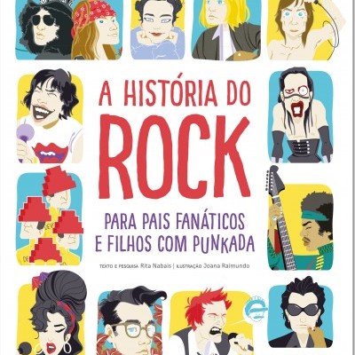 Capa de livro com ilustrações de músicos de rock e texto sobre a história do rock.
