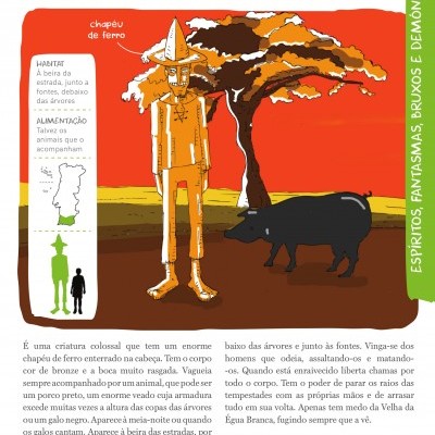 Ilustração de personagem homem laranja com chapéu de ferro, porco preto e árvore, texto descritivo em português