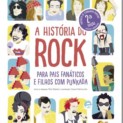 Capa do livro A História do Rock com ilustrações de músicos e texto em destaque