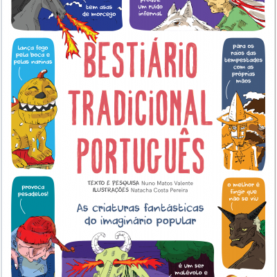Capa do livro Bestiário Tradicional Português com ilustrações coloridas de criaturas fantásticas e balões de fala