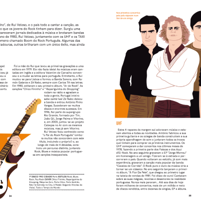 Duas páginas de revista com texto e ilustrações de músicos de rock em estilo cartoon