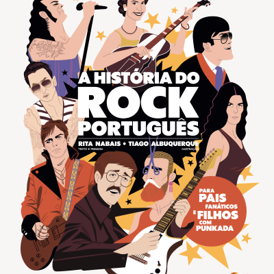 Ilustração de vários músicos com texto A História do Rock Português em design colorido.