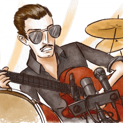 Músico com guitarra e microfones junto a bateria