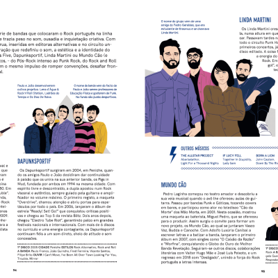 Páginas com textos e ilustrações de várias bandas de rock portuguesas